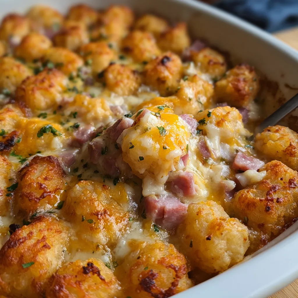 Ultimate Ham and Tater Tot Casserole with Melted Cheese and Crispy Golden Topping